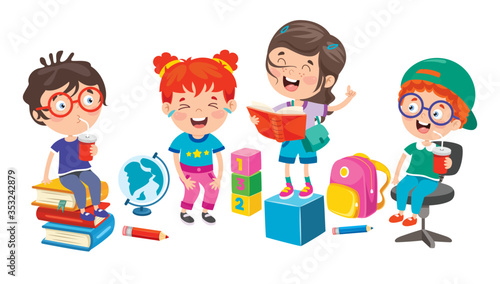 Happy Cute Cartoon School Children
