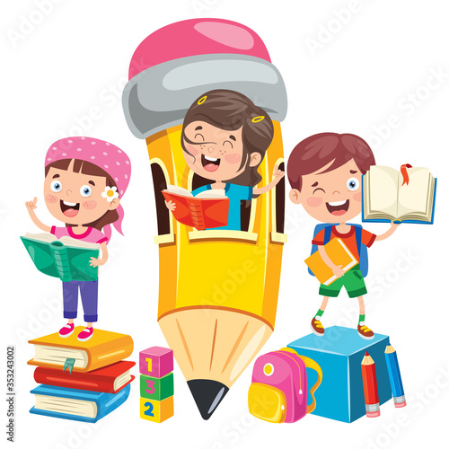 Happy Cute Cartoon School Children