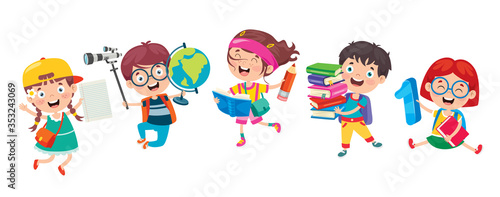 Happy Cute Cartoon School Children