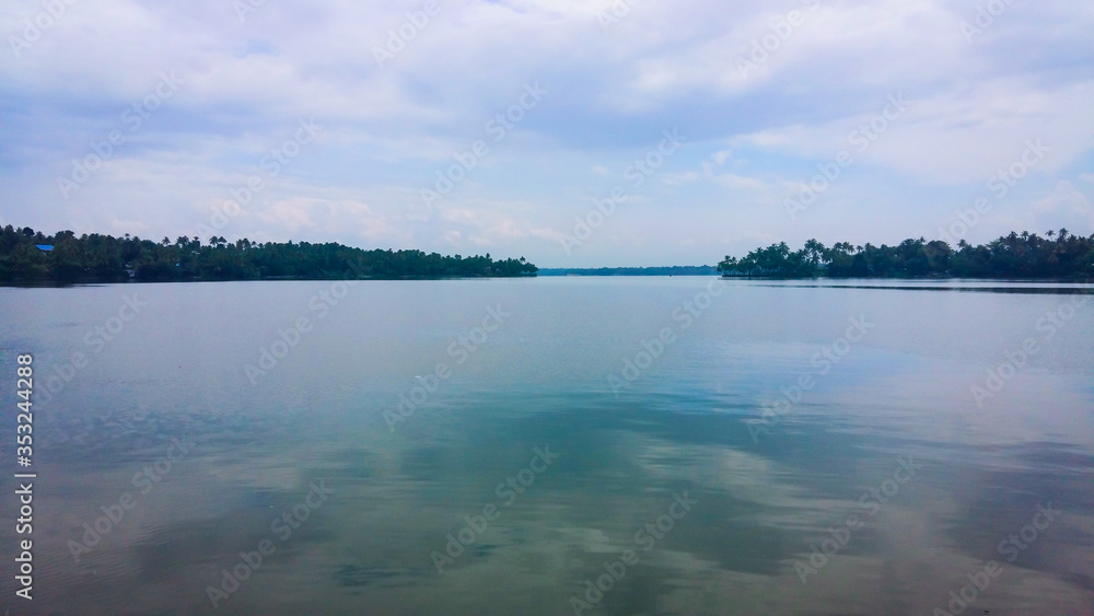 Scenery of Ashtamudi lake in Kerala. Kerala Backwaters.