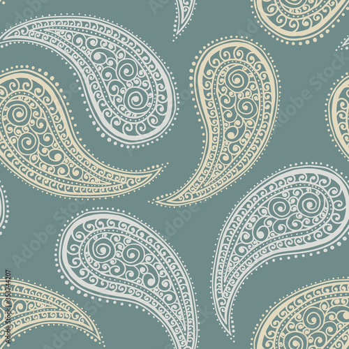 Paisley pattern background, vector seamless floral textile ornament, pale green or sage pastel and beige color. Abstract vintage Paisley pattern with flower decoration, floral fabric art design