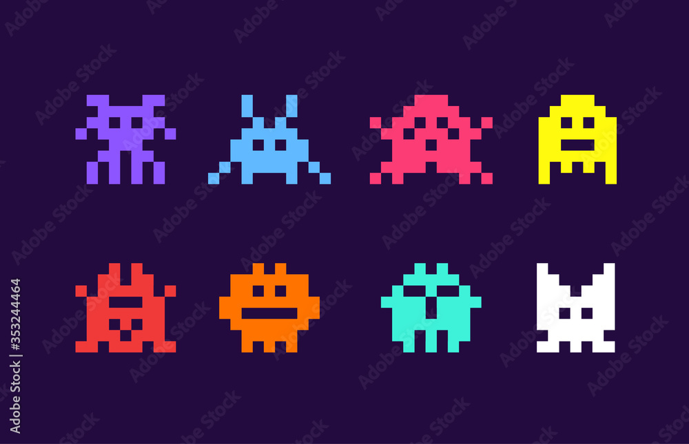 8 bit pixel arcade game alien invader. Superhero pixel space monster geek game - obrazy, fototapety, plakaty 