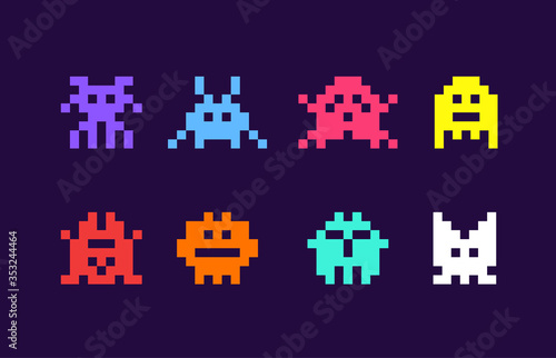 8 bit pixel arcade game alien invader. Superhero pixel space monster geek game photo