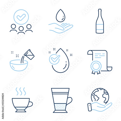 Cooking water, Champagne bottle and Water drop line icons set. Diploma certificate, save planet, group of people. Espresso, Double latte signs. Glass, Anniversary alcohol, Clean aqua. Vector