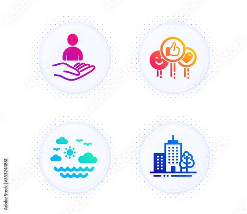 Travel sea, Like and Recruitment icons simple set. Button with halftone dots. Skyscraper buildings sign. Summer holidays, Social media likes, Hr. Town architecture. Business set. Vector