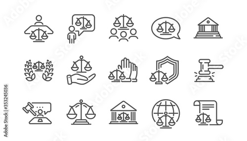 Court line icons set. Judge, Scales of Justice and Lawyer. Hammer, Law and Petition document set icons. Judgment, justice, court injunction. Gavel judge hammer, rulings, presiding officer. Vector