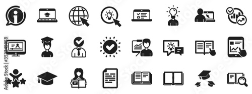 Laptop, Book and Video Tutorial icons. Education icons. Graduation cap, Instructions and Presentation. Education or Lectures book, Charts and Idea. Laptop, tablet device. Video tutorial. Vector