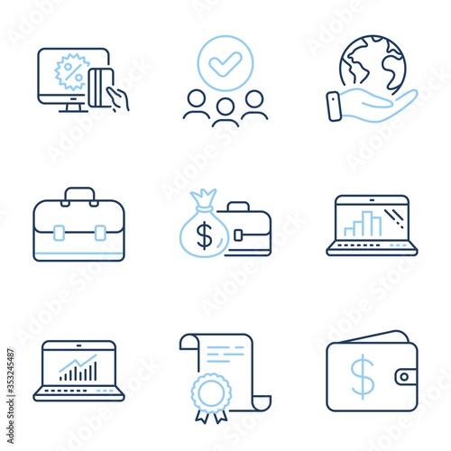 Online shopping, Dollar wallet and Salary line icons set. Diploma certificate, save planet, group of people. Graph laptop, Portfolio and Online statistics signs. Vector