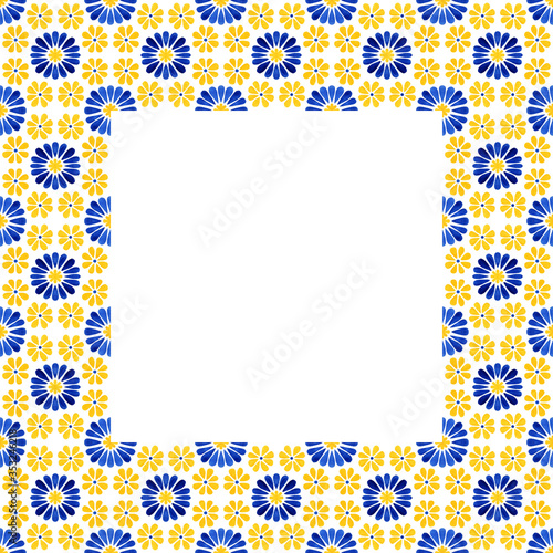 Portuguese Azulejos tile frame. Traditional Portuguese Mosaic tile decoration. Watercolor blue and yellow border. Antique ceramics tileable, heritage. Old painted panel with floral pattern