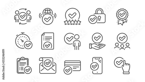 Approve line icons set. Interviewed, accepted document, approved verification. Quality check, protection, checklist icons. Guarantee document, accepted card, right choice. Flight confirmed. Vector