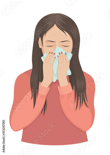 Vector illustration with a young woman who cries, sneezes or coughs