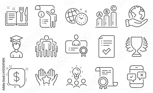 Set of Education icons, such as Phone survey, Certificate. Diploma, ideas, save planet. Group, Manual doc, Time management. Winner, Graph chart, Payment message. Student, Ranking, Recipe book. Vector