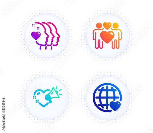 Love couple, Friends couple and Love message icons simple set. Button with halftone dots. Lovers, Friendship, Heart. Internet dating. Love set. Gradient flat love couple icon. Vector