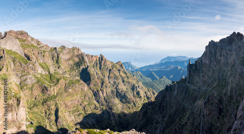 Panorama of the rugged hills in the hiking trail between Pico Ruivo and Pico do Arieiro  Madeira