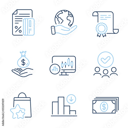 Banking, Decreasing graph and Candlestick chart line icons set. Diploma certificate, save planet, group of people. Loyalty points, Income money and Credit card signs. Vector