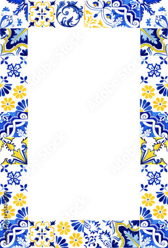 Portuguese Azulejos tile frame. Traditional Portuguese Mosaic tile decoration. Watercolor blue and yellow border. Antique ceramics tileable, heritage. Old painted panel with floral pattern