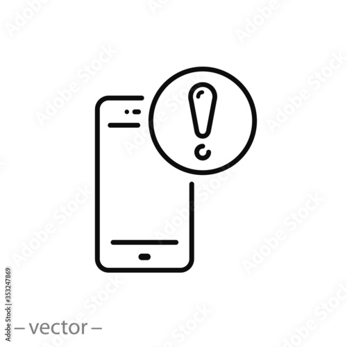 alert in the phone about scam icon, error warning, exclamation sign on the mobile screen, thin line web symbol on white background - editable stroke vector illustration eps10