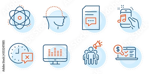 Face scanning, Comments and Time signs. Brand ambassador, Atom and Online accounting line icons set. Music phone, Music making symbols. Megaphone, Electron. Technology set. Outline icons set. Vector