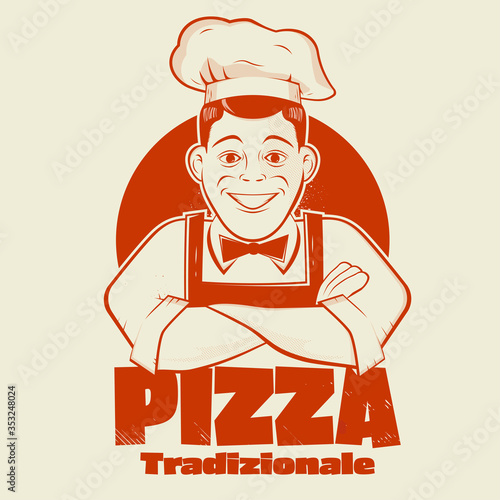 cartoon pizza logo of a happy chef in vintage style