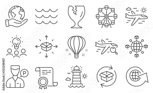 Set of Transportation icons, such as Air balloon, Lighthouse. Diploma, ideas, save planet. Search flight, Logistics network, Waves. Parcel delivery, Airplane travel, Fragile package. Vector