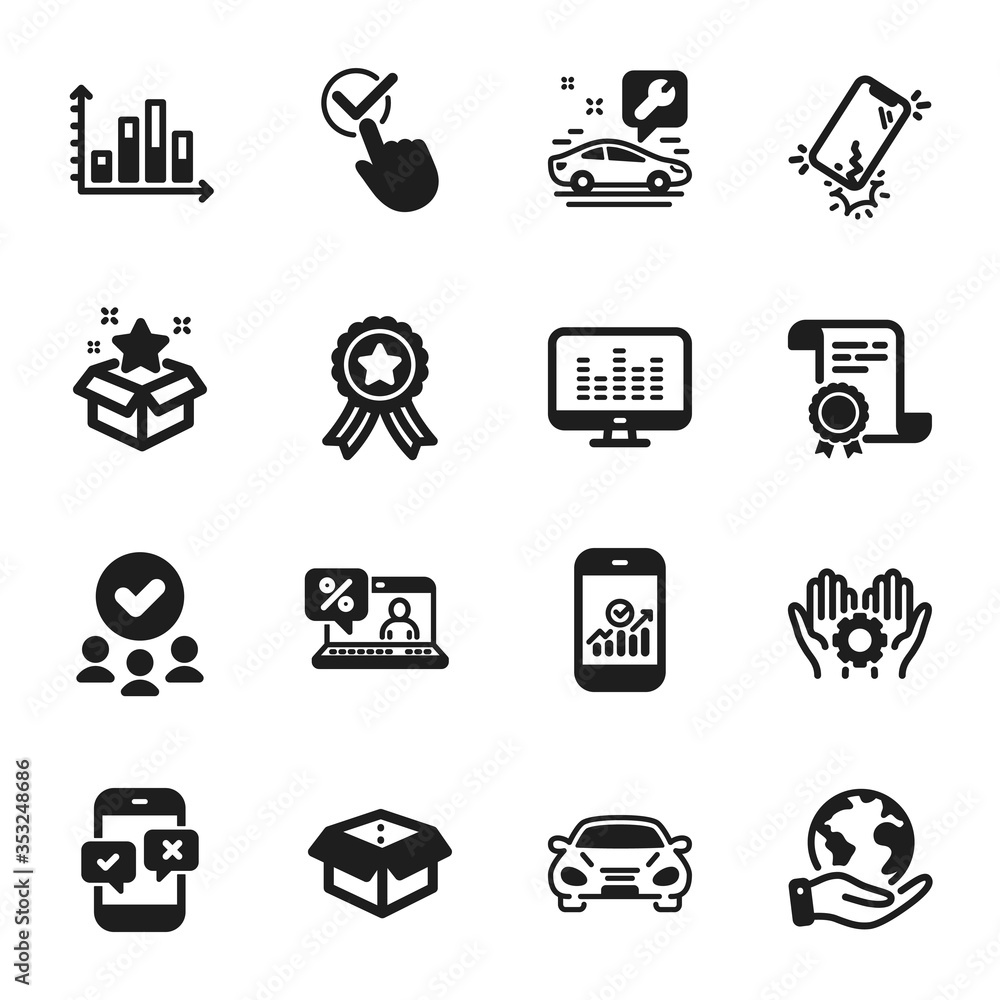Obraz premium Set of Technology icons, such as Smartphone statistics, Smartphone broken. Certificate, approved group, save planet. Diagram graph, Online loan, Checkbox. Phone survey, Car, Music making. Vector