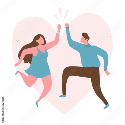 Young couple in a jump make a "high five" gesture. Respect and love for yourself and others. Against the background of the heart. Flat bright vector illustration, minimal style.