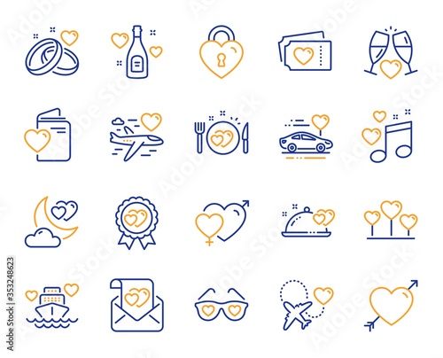 Honeymoon line icons. Wedding car, marriage rings, love. Bridal champagne, Valentine heart icons. Couple tickets, honeymoon travel, married night. Wedding music, love lock. Vector