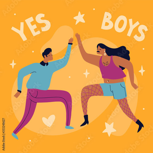 Two men and in a jump make a "high five" gesture. LGBT support. Respect and love for yourself and others. Yes boys. Flat bright vector illustration, minimal style.