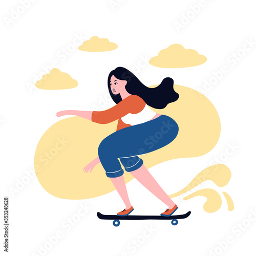 Skater girl do tricks on the board. Flat bright vector illustration, minimal style. T-shirt print, postcard, banner design element.