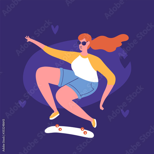 Skater girl do tricks on the board. Flat bright vector illustration, minimal style. T-shirt print, postcard, banner design element.