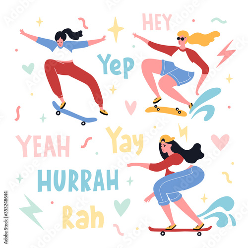 Skater girls do tricks on the board. Lettering admiration phrases. Flat bright vector illustration, minimal style. T-shirt print, postcard, banner design element.