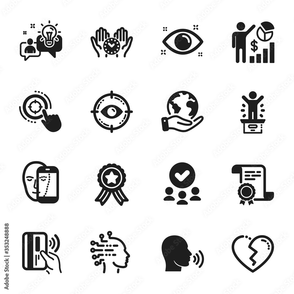 Set of People icons, such as Safe time, Health eye. Certificate, approved group, save planet. Idea, Human sing, Winner podium. Broken heart, Face biometrics, Eye target. Vector Set of People icons, such as Safe time, Health eye. Certificate, approved group, save planet. Idea, Human sing, Winner podium. Broken heart, Face biometrics, Eye target. Vector