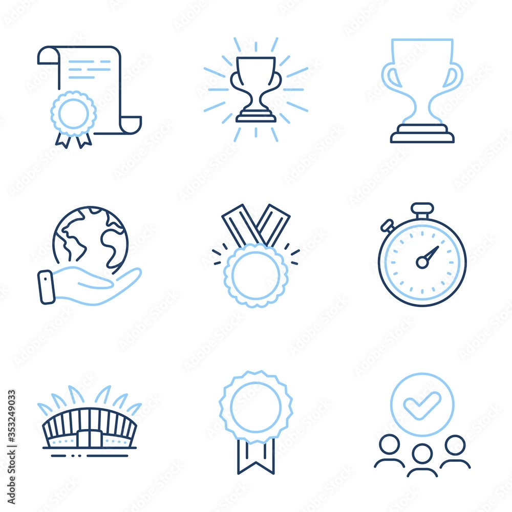Fototapeta premium Award cup, Arena stadium and Reward line icons set. Diploma certificate, save planet, group of people. Timer, Honor and Trophy signs. Trophy, Sport complex, Best medal. Stopwatch gadget. Vector