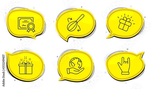Cooking whisk sign. Diploma certificate, save planet chat bubbles. Special offer, Gift and Horns hand line icons set. Delivery box, Marketing box, Gesture palm. Cutlery. Business set. Vector