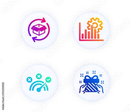 Seo graph, Return parcel and Correct answer icons simple set. Button with halftone dots. Gift sign. Analytics chart, Exchange of goods, Speed symbol. Present. Business set. Vector