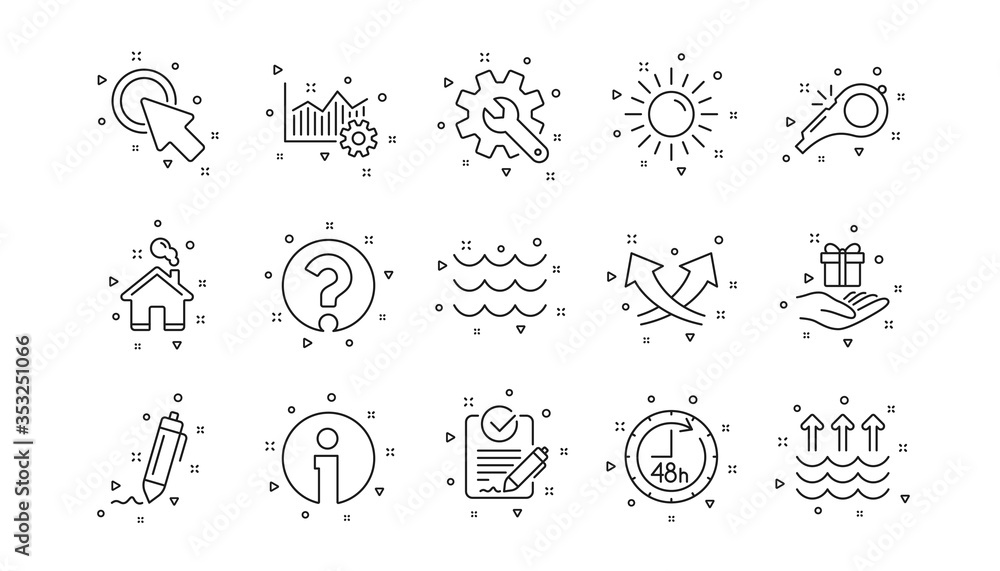 Signature, Analytics and Question mark. Waves, Whistle and Global warming line icons. Linear icon set. Geometric elements. Quality signs set. Vector Signature, Analytics and Question mark. Waves, Whistle and Global warming line icons. Linear icon set. Geometric elements. Quality signs set. Vector