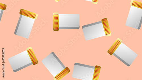 Endless seamless pattern of medical scientific medical items for jars for pills and medicine pills with capsules on a yellow background. Vector illustration