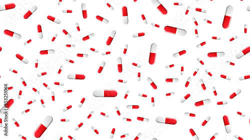 Endless seamless pattern of medical scientific medical items, pharmacological tablets and medications, pill capsules on a white background. Vector illustration