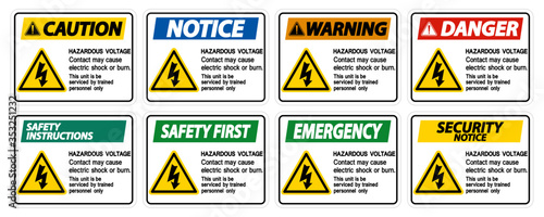 Hazardous Voltage Contact May Cause Electric Shock Or Burn Sign On White Background
