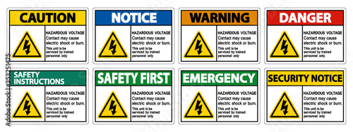Hazardous Voltage Contact May Cause Electric Shock Or Burn Sign On White Background