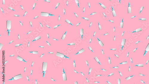 Endless seamless pattern of medical scientific medical items drops and sprays for nose and throat from a runny nose and sore throat on a pink background. Vector illustration