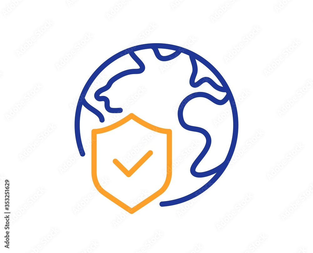 Obraz premium World insurance line icon. Global business protection sign. Internet security symbol. Colorful thin line outline concept. Linear style world insurance icon. Editable stroke. Vector