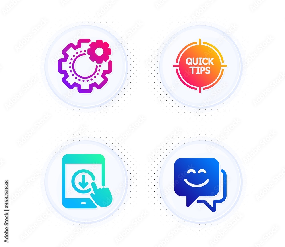 Tips, Cogwheel and Scroll down icons simple set. Button with halftone dots. Smile face sign. Quick tricks, Engineering tool, Swipe arrow. Chat. Technology set. Gradient flat tips icon. Vector