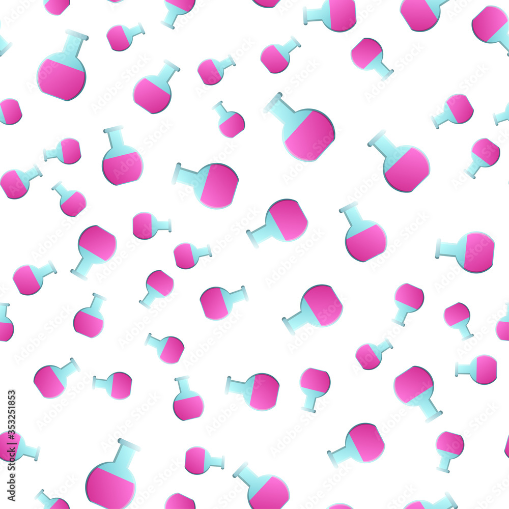 Endless seamless pattern of medical scientific medical supplies laboratory chemical violet flasks and flasks on a white background. Vector illustration