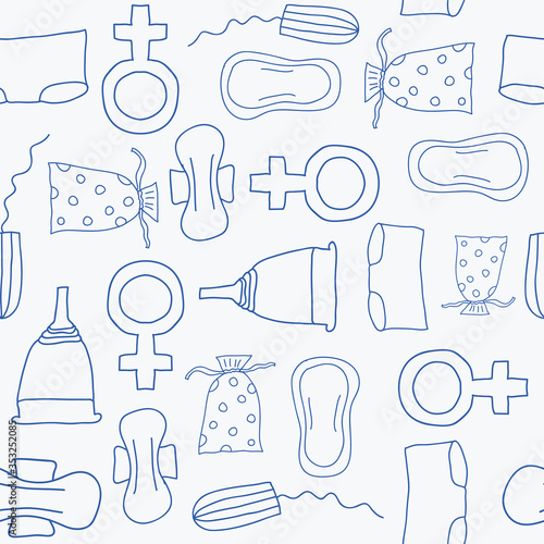 Vector repeating pattern, menstruation period symbols as tampons, pads, menstruation cap