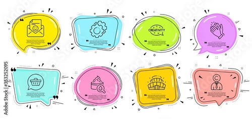 Smile, Creativity and Moisturizing cream signs. Speech bubbles with quotes. Settings gears, Shopping cart and Clapping hands line icons set. Copyrighter, Arena stadium symbols. Vector
