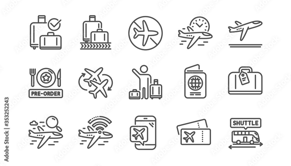 Airport line icons set. Boarding pass, Baggage claim, Departure. Connecting flight, tickets, pre-order food icons. Passport control, airport baggage carousel, inflight wifi. Linear set. Vector