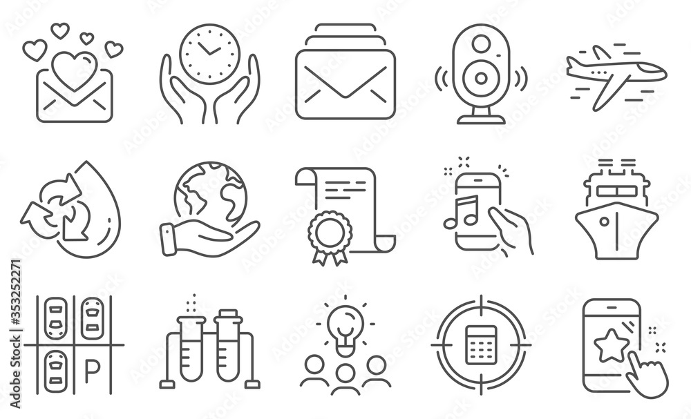 Set of Technology icons, such as Calculator target, Love mail. Diploma, ideas, save planet. Recycle water, Speaker, Ship. Airplane, Parking place, Chemistry beaker. Vector Set of Technology icons, such as Calculator target, Love mail. Diploma, ideas, save planet. Recycle water, Speaker, Ship. Airplane, Parking place, Chemistry beaker. Vector