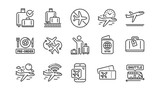 Airport line icons set. Boarding pass, Baggage claim, Departure. Connecting flight, tickets, pre-order food icons. Passport control, airport baggage carousel, inflight wifi. Linear set. Vector