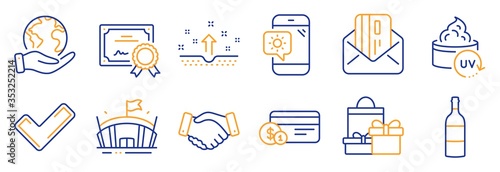 Set of Business icons, such as Shopping, Uv protection. Certificate, save planet. Tick, Wine bottle, Clean skin. Credit card, Payment method, Employees handshake. Vector